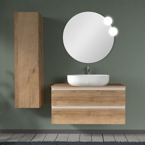 Inbagno Mobile bagno sospeso 100 cm per lavabo da appoggio, serie Master 2 cassetti, completo di top e specchio (Rovere Miele)