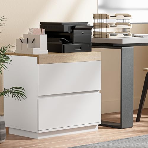Image of Nightstand Set of 2 with Oak Top, 23.7 inch White Night Stand with 2 Drawers, Modern Bedside Table Wood End Table for Bedroom