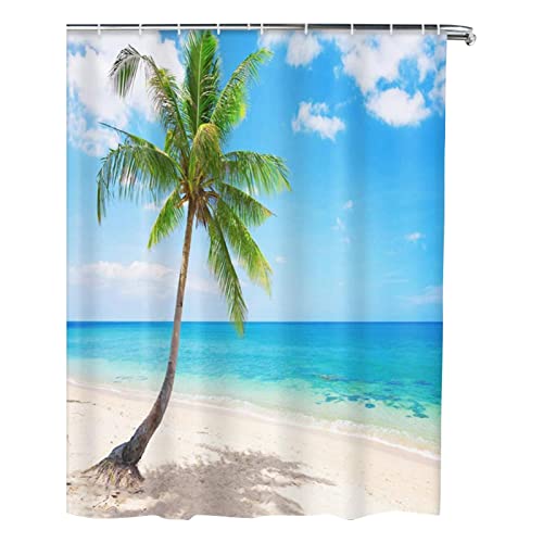 Befunzl Beach Shower Curtain, Summer Shower Curtain, Seaside Scene Shower Curtain For Bathroom, Durable Bathtub Showers Decor With 12 Hooks 71" W X 71" L (Palm Tree) #TOP24