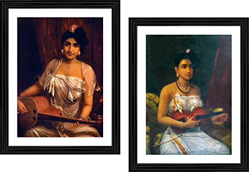 Image of Adventures� *Women with Veena & Violin*- Two Paintings by Raja Ravi Varma, Set of 2 Wall D�cor Frames. Matt Satin Print with MDF & 1 inchPS Black Frame. Size 14 inchx18 inch each.