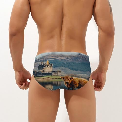 Basse Castle Scottish Highlands Cow Mens Swim Briefs Quick Dry Triangle Trunks Swimsuit Swimming Bikini Swimwear2