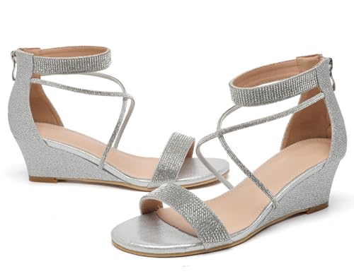 DADAWEN Women's Open Toe Ankle Strap Glitter Rhinestones Low Wedge Sandals Party Wedding Dress Pumps Shoes4