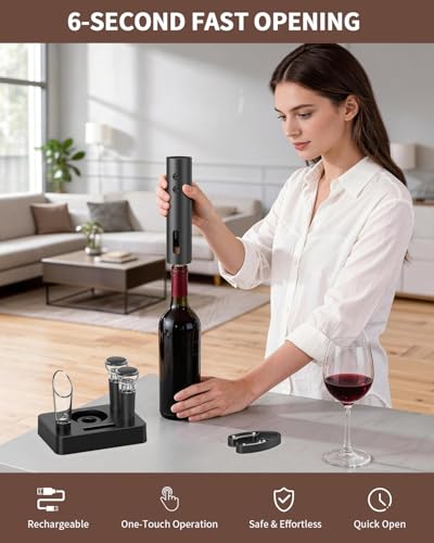 Image of CIRCLE JOY Rechargeable Electric Wine Opener, 6-In-1 Cordless Electric Wine Bottle Opener with Pourer, Foil Cutter, 2 Vacuum Preservation Stoppers and Storage Base, Gifts for Wine Lovers