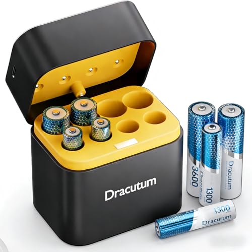 Dracutum wiederaufladbar Lithium Batterien, (4 AA & 4 AAA) mit Batterieladegerät, 3600mWh AA Akkus & 1300mWh AAA Akkus Hohe Kapazität 1.5V, 2000 Zyklen Lang anhaltende Li-Ion Batterien Dracutum wiederaufladbar Lithium Batterien, (4 AA & 4 AAA) mit Batterieladegerät, 3600mWh AA Akkus & 1300mWh AAA Akkus Hohe Kapazität 1.5V, 2000 Zyklen Lang anhaltende Li-Ion Batterien