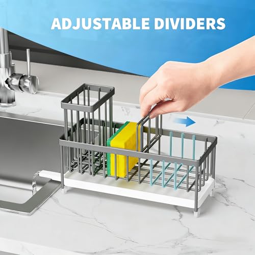 Image of Cisily Sponge Holder for Kitchen Sink, Sink Caddy Organizer with High Brush Holder, Kitchen Countertop Organizers and Storage Essentials, Rustproof 304 Stainless Steel (Gray, 9.25″)