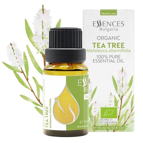 Essences Bulgaria Aceite Esencial de Árbol de Té Orgánico 15ml | Melaleuca alternifolia | 100% Puro y Natural | Sin diluir (15 ml, Árbol de Té)