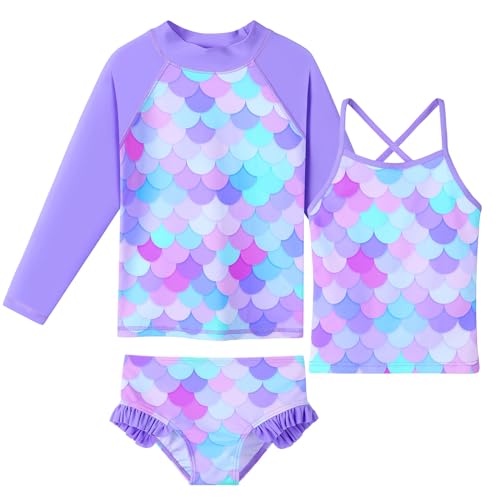 Girls 3-Piece Swimsuit Long Sleeve Rash Guard Set Tankini Bathing Suits Sun Protective UV 50+ Beach Swimwear 3-10 Years