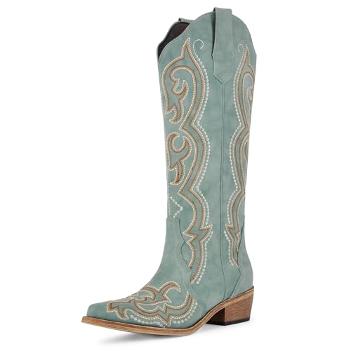 pinokino Cowboy Boots For Women Knee High Western Cowgirl Boots Snip Toe Side Zipper Chunky Heel Green Size 9
