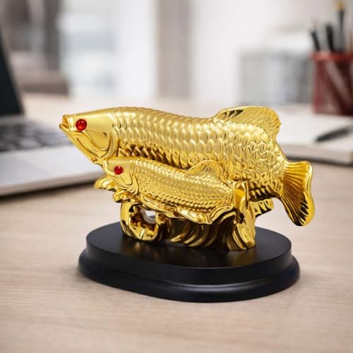 Image of Feng Shui Golden Arowana Fish with Baby Statue for Luck, Wealth & Prosperity | Crystal Polyresin Arowana Showpiece for Home, Office, Shop & Cash Counter Decor