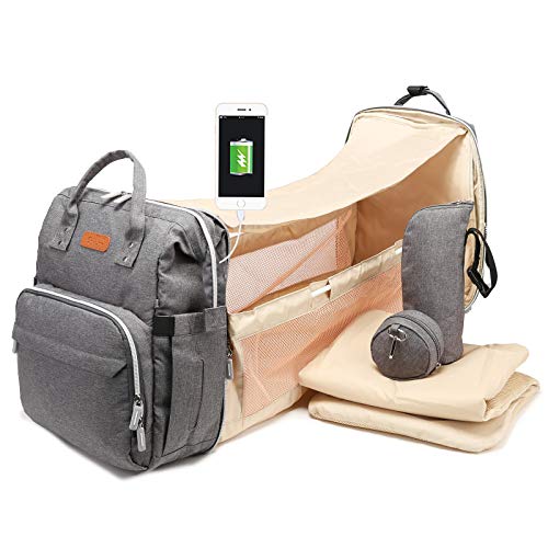 Diaper Bag Backpack - Diaper Bag with Portable Bassinet - 6 in 1 Expanding Nursing Diaper Bag - Expandable Diaper Bag Bassinet Combo with Bed - Crib Diaper Bag with Changing Station(Grey)