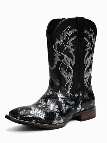 Image of Python Manning Men's Boots Cowboy for Men Classic Square Toe Western Pull Up Snakeskin Embroidered Mid-Calf Boots