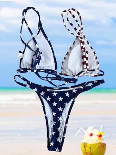 Image of Women's Sexy Thong Bottom Two Piece Bikini Double Shoulder Straps Cute Swimsuit Triangle Bathing Suit