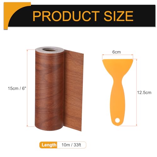 Image of HARFINGTON Wood Grain Repair Tape 6 Inch x 33ft Self Adhesive Repair Patch Tape Simulated Wooden Floor Tapes with Plastic Scraper for Tables Doors Windows Furniture, Bright Brown Wood