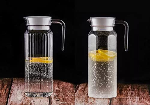 Image of SYANKA Premium Water and Juice Glass Jug Pitcher with lid (Set of 2), 1.1-Liter, Hot Cold Water Pitcher Water Jug for Dining Table, Iced Tea, Milk and Juice Beverage Carafe, Lemon Jug