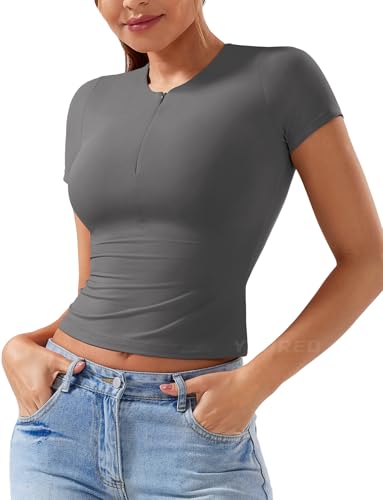 YEOREO Women Basic Adjustable Zip Up Short Sleeve T-Shirt Workout Crop Top Double Lined Tank Slim Fitted Ruched Going Out Top4