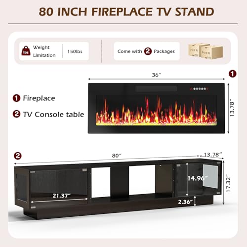 Image of WALEAF 80 inch Fireplace TV Stand, Modern Glass TV Table Stand with Fireplace for TVs Up to 90 inch, LED Light Entertainment Center with Large Storage, TV Consoles for Living Room (Black+Glass Door, 80 inch)