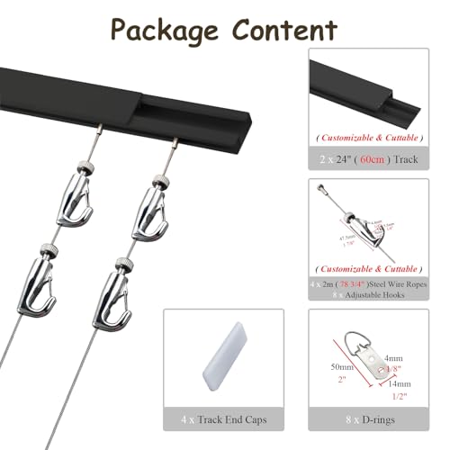 Image of UrbanUp Picture Rail Hanging System 24 inch Track with 2m Long Picture Hanging Cord, 2pcs Picture Hanging Systems White /Black, Indoor Picture Rail Hanging Hooks and Wire Adjustable(Black)