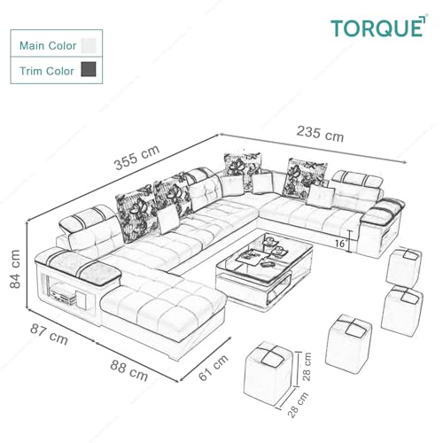 Image of Torque Bristol 12 Seater Sofa Set for Living Room (Grey) | Interchangeable U Shape Sectional Sofa | Solid Wood Frame & High-Density Supersoft Foam | Includes Puffy & Stool | Modern Home Furniture