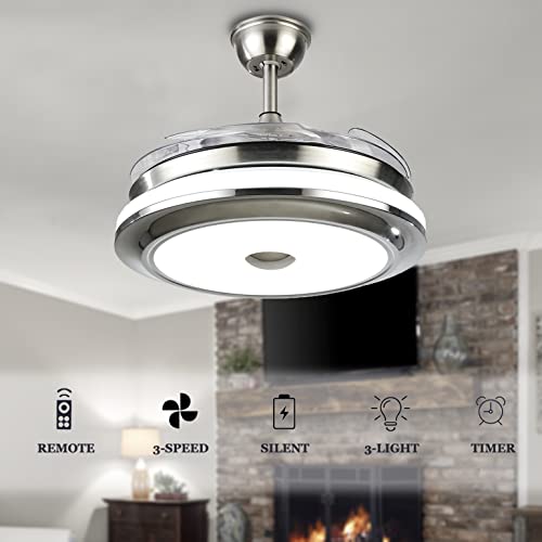 Fandian 36Inch Modern Ceiling Light With Fans Remote Control Retractable Blades Fandeliers For Living Room Bedroom Restaurant, Silver Color With Silent Motor (36In-1) #TOP1