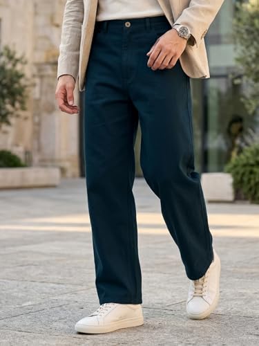 Image of Urbano Fashion Men's Loose Baggy Fit Solid Chino Trousers Non-Stretchable