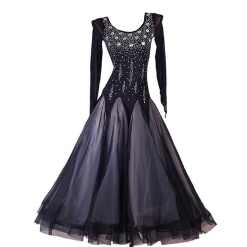 Hynyjxjy ,Negro,XXL, Vestidos De Baile De Salón De Cuello Redondo para Mujer Ropa De Baile De Salsa De Manga Larga Trajes De Baile De Competición De Vals Conjunto De Baile De Social con Pedrería