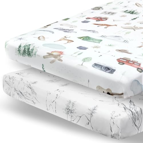 Image of Pobibaby - 2 Pack Premium Pack N Play Sheets Fitted for Standard Pack and Plays and Mini Cribs - Ultra-Soft Cotton Blend, Stylish Woodland Pattern, Safe and Snug for Baby (Explore)