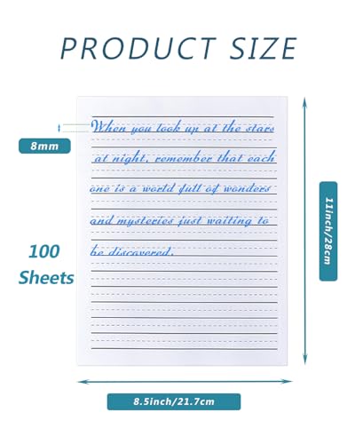 Handwriting Paper Kindergarten for Kids, Ruled Practice Writing Paper for Kids, 100 Sheets, 100gsm White Writng Papers, 8.5 x 11 Inch Writing Paper with Lines for Kindergarten