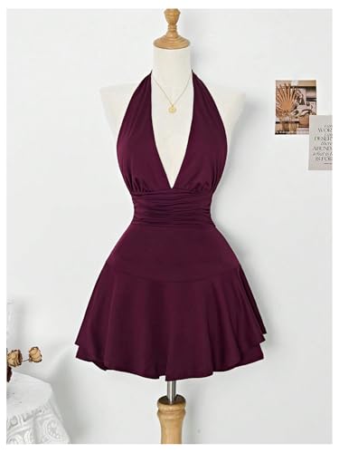 Women's Y2k Halter Dress Sexy Ruched Tie Backless Tiered Layer Mini Dresses Deep V Neck Club Party A Line Short Dress4