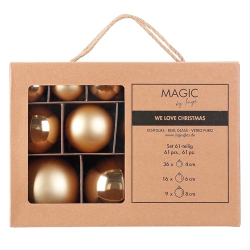 Inge Glas Weihnachtskugeln | Große Kugelbox mit 61 Kugeln | 4cm 6cm & 8cm große Christbaumkugeln (Inkagold | Gold)