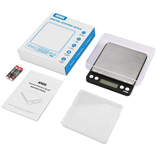 Amir Digital Kitchen Scale, 3000G 0.01Oz/0.1G Pocket Cooking Scale, Mini Food Scale, Pro Electronic Jewelry Scale With Back-Lit Lcd Display, Tare & Pcs Functions, Stainless Steel,Black #TOP6