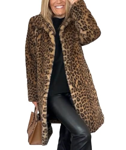 Sexyshine Women's Faux Fur Leopard Coat Winter Fall Lapel Collar Fuzzy Furry Open Front Fleece Fur Jackets(27465LE,XL)