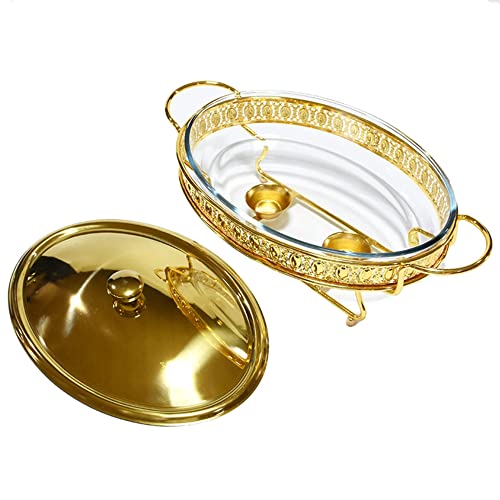 WOTZOV Juego de Buffet con Plato Caliente, Calentadores de Comida de Vidrio para Catering con bandejas, Soporte para Combustible, Tapa y Base para Bodas, Fiestas y Banquetes.，2L