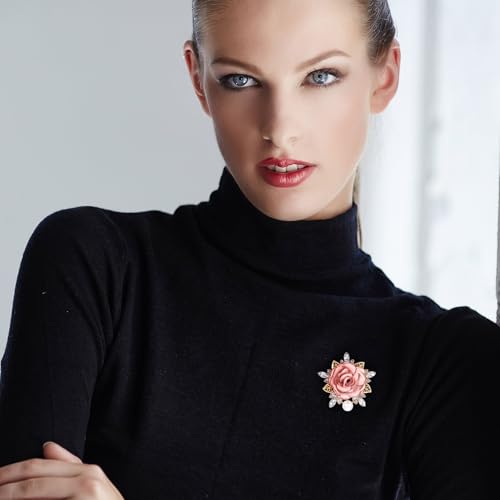 Image of Yuanchu Elegant Rose Flower Brooch Pin, Small Crystal Rhinestone Brooch Pin Dainty Cloth Rose Brooch Pin for Bride Wedding(Pink)