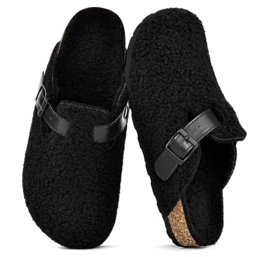 Image of KIDMI Women's Fur Lined Genuine Suede Clogs Fuzzy Cork Footbed Potato Shoes