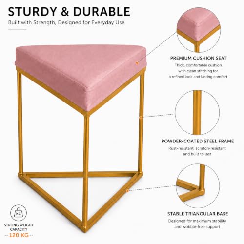 Image of Modern Velvet Triangular Vanity Stool with Gold Metal Frame | Upholstered Makeup Chair for Dressing Table | Accent Seating for Bedroom, Living Room & Home Decor-Pink