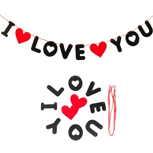 AOVNA Letrero de fieltro con texto en inglés 'I Love You', decoración del día de San Valentín, letras, banderines de corazón rojo, accesorios de decoración, suministros de fiesta para el día de San