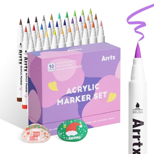 Image of Arrtx Acrylic Pens for Rock Painting, Extra Brush Tip, Water Based Markers for Stone, Glass, Easter Eggs, Wood and Fabric Painting, Non-Toxic, No Smell, 30B