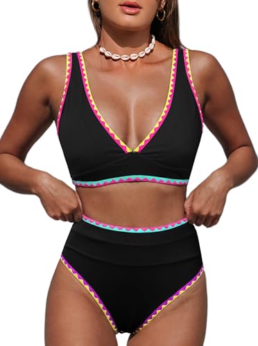 Image of Hilinker Women's Leopard Bikini Swimsuits V Neck High Waisted 2 Piece Bathing Suits