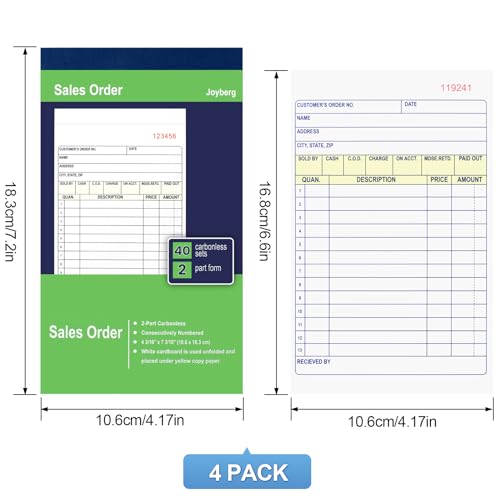 joyberg 4 pack receipt book 417inx72in receipt book with carbon copies 2-part carbonlesswhite and yellow 40 sets per book order book for small business