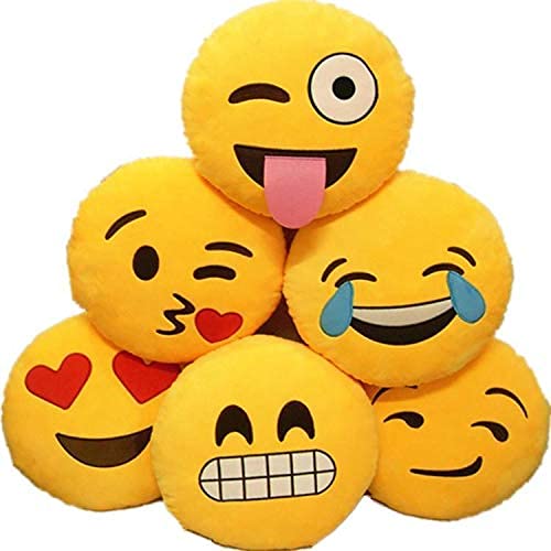 Home Touch Polyester Smiley Cushion Emoji Yellow Soft For Sofa, Car - 12"X12"-Set of 6