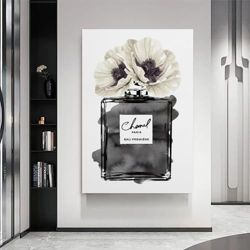 Image of BanLaArt Fashion Perfume Bottle Black With Grey & White Poppy Canvas Print Poster Decorative Painting Canvas Wall Art Picture Print Modern Family Bedroom Decor 08x12inch(20x30cm), style-3