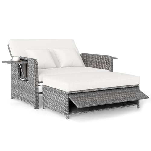 COSTWAY Salon de Jardin en Rotin avec Ottoman de Rangement Charge 360KG, Bain de Soleil avec Plateau Latéral Rétractable Dossier Réglable 4 Positions...
