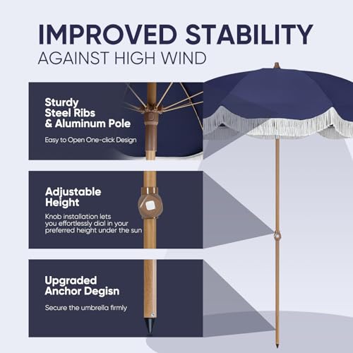 Image of Tempera Heavy Duty High Wind Beach Umbrella with Sand Anchor & Carry Bag | Patio Outdoor Umbrella with Aluminum Frame and Push Button Tilt, Ideal for Garden Lawn, UPF 60+