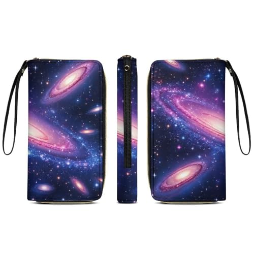 Womens Wallet, Waterproof PU Leather Wallet, Large Capacity Credit Card Holder Space Galaxy Constellation Zodiac Star Purple Blue Coin Zipper Clutch Purse