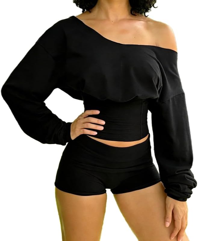 Sexy Two Piece Set For Women Long Sleeve Off Shoulder Backless Crop Top Slim Fit Shorts Casual Workout Sweatsuit