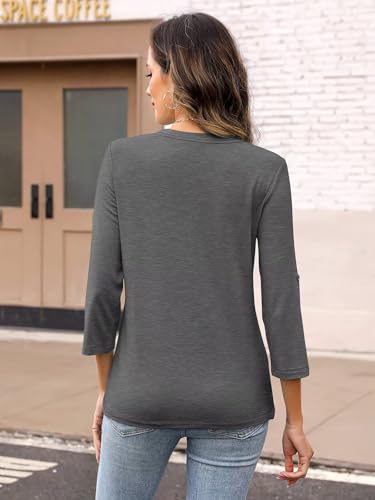 Women's 3/4 Length Rolled Sleeve Tunic Tops Pleated Crew Neck T Shirts Both Side Buttons Summer Blouses4