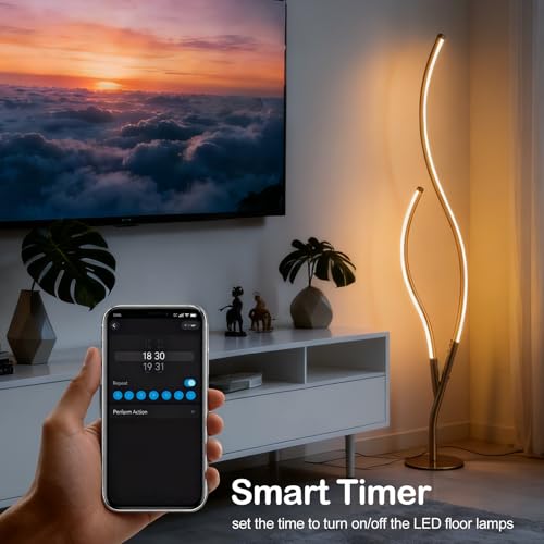 Image of DAYCENT RGBWIC Floor Lamp Modern LED Corner Lamps 1500 Lumen Smart Floor Lamps with Remote and 16 Million DIY Colors, Music Sync Standing Lamp for Living Room Bedroom Home Decor, Gold Finish