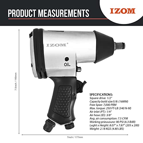 Image of IZOM IZ-5040B 1 /2 inch Impact Wrench, Torque 340 Nm Air Powered 7000Fixed Square RPM Rocking Dog 90 PSI with Front Exhaust for Tire Changing & Workshop Applications