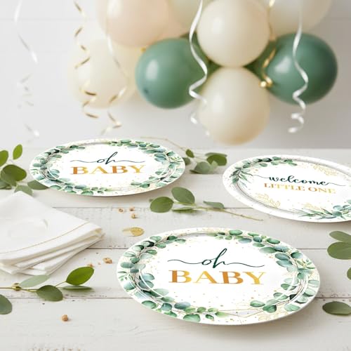 Image of 50Pcs Baby Shower Paper Plates 7 inch Sage Green Oh Baby Party Supplies