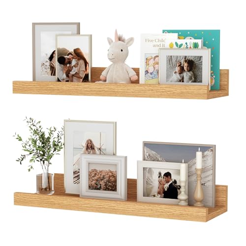 Set di 2 mensole galleggianti da 40 cm, in legno di rovere naturale, montaggio a parete, per foto, librerie per bambini, per soggiorno, cucina, camera da letto, bagno, foto, organizzazione della casa
